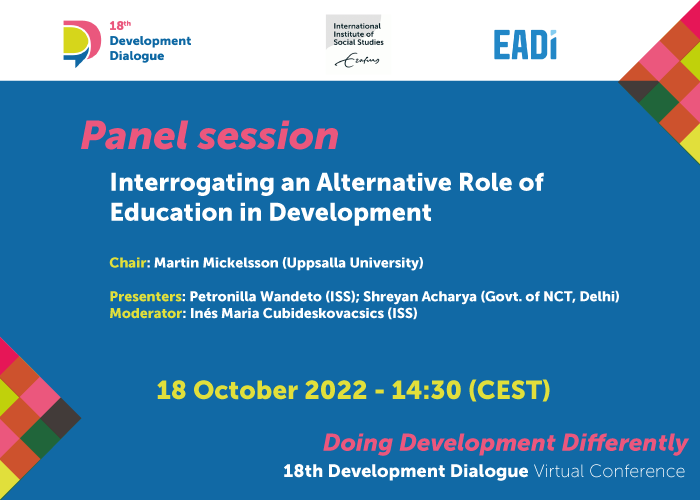 18thDD's tweet photo. Panel preview: Starting in 2 hours, "Interrogating an Alternative Role of Education in Development" chaired by Dr. Martin Mickelsson, presenters: Petronilla Wandeto and Shreyan Acharya.
Register at https://t.co/OmATDiaLbt to join. https://t.co/rtf5JTJsOG