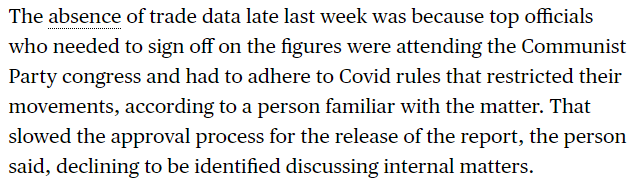 China should have released trade data last week and GDP this morning, but it didn't. 
There was no reason for the last minute delays and some asked whether this was China hiding bad data during the Congress. The answer seems more prosaic - Zero Covid
bloomberg.com/news/articles/…