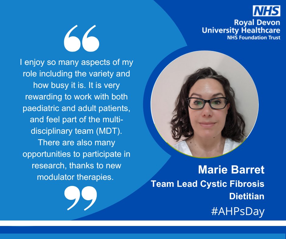 RoyalDevonNHS's tweet photo. This is Marie, a Team Lead Cystic Fibrosis Dietitian at Royal Devon. Dietitians are another one of our AHPs' that have a very varied role in the NHS, Marie says, "not one day is the same and I would recommend it to anyone looking for a challenge." 

#AHPsDay https://t.co/5SsOJ4xrbF