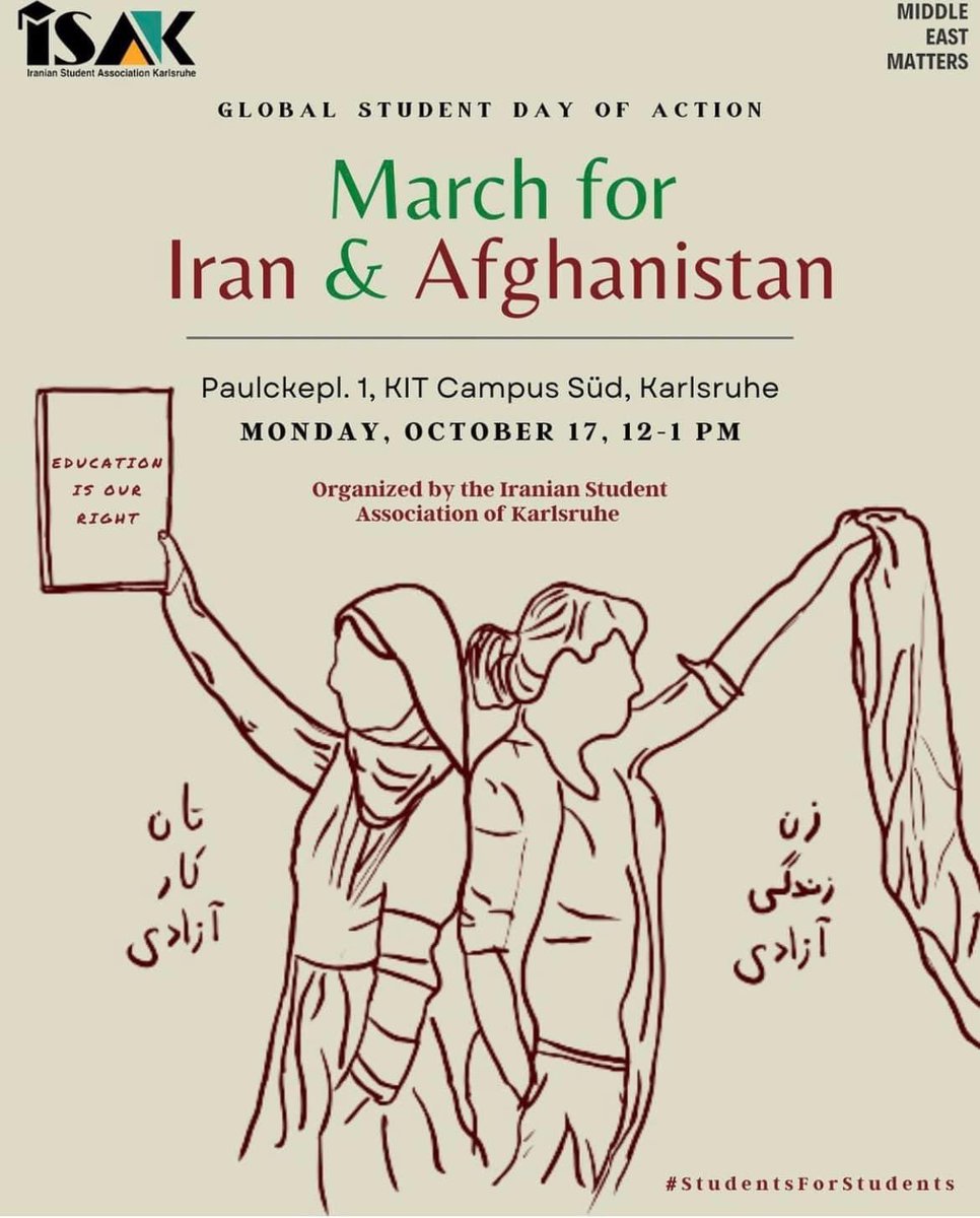 NegarAfgWomen's tweet image. #StudentsForStudents 
lundi 17 octobre, les étudiants du monde entier solidaires avec les étudiantes en lran et en Afghanistan qui mettent leur vie en danger en luttant pour leur liberté. D'autres manifestations sont postées sur @middleeastmatters.info