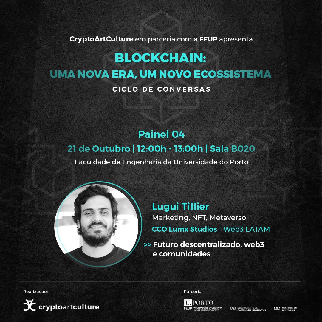 CryptoArtCult's tweet photo. @feup_porto and @CryptoArtCult  with @LuguiTillier CCO @lumxstudios  >>> Find out all about the event and keep up to date... 👉 Follow our page! @CryptoArtCult https://t.co/cigh1uYNbw