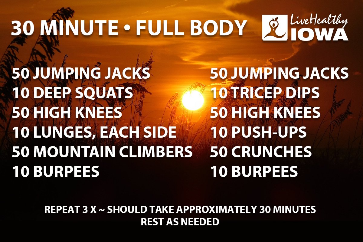 livehealthyiowa's tweet photo. You have 30 minutes to give it all you got. This is a high intensity, full body routine.
#LiveHealthyIowa #30minworkout #workout #livehealthy https://t.co/nUb1OPzmYA