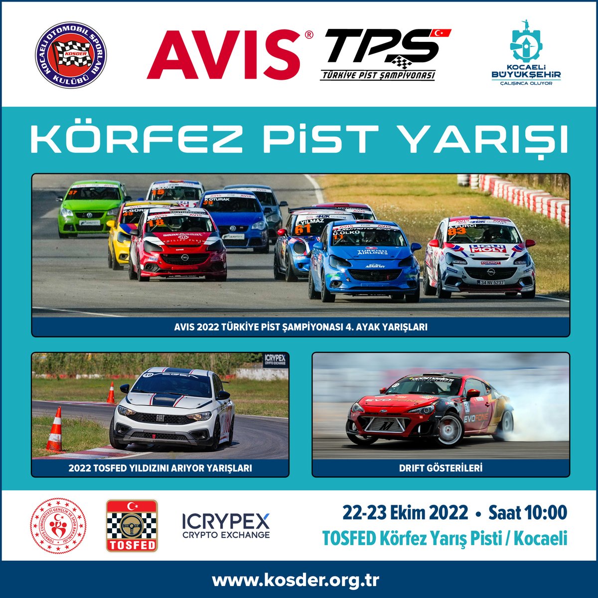 AVIS 2022 Türkiye Pist Şampiyonası 4. Ayak yarışları, KOSDER tarafından ICRYPEX ana sponsorluğunda ve Kocaeli Büyükşehir Belediyesi katkılarıyla 22-23 Ekim tarihlerinde TOSFED Körfez Yarış Pisti’nde gerçekleştiriliyor. tosfed.org.tr/korfezde-yaris…