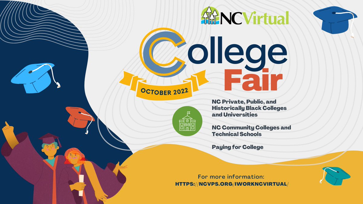 ncvps's tweet photo. Our College Fair sessions continue this week featuring NC Community Colleges &amp; Technical Schools and Paying for College!

Join us 10/18 &amp; 10/19 at 6 pm.

https://t.co/qLoM5aloWg

#WeAreNCVirtual #CollegeFair #Online #NC #K12 https://t.co/oMz5JiVMBc