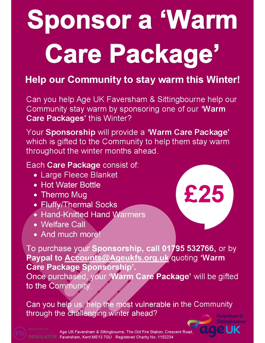 Our SPONSOR A WARM CARE PACKAGE Campaign is now live!
Can you help those most in-need &amp; vulnerable in the Community?
#AGEUKFS #Sponsorship #StayWarm #WarmCarePackage