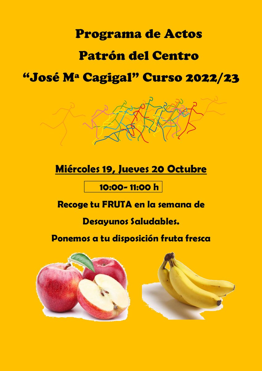 Desayunos saludables, 🍎🍌🍇🍐 con motivo de la semana del Patrón.
▶️Mañana miércoles 19 y el jueves 20, te invitamos a una pieza de fruta. 
▶️Podrás recogerla en la entrada de la Facultad, de 10:00 a 11:00h.
