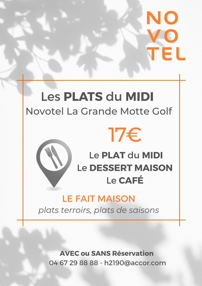 NovotelGolf's tweet photo. Dès le 17 Octobre du Lundi au Vendredi retrouvez les PLATS du MIDI au Novotel La Grande Motte Golf ! ⏱ https://t.co/rjfKmJxVSf