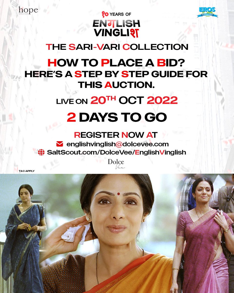 HopeProdn's tweet photo. 2 DAYS TO GO!
How to place a bid?
Hereโs a step-by-step guide on the functionality of the auction!
Auction for the English Vinglish Sari-Vari Collection goes live on 20th Oct, 2022.
Stay tuned for more details!
#10YearsOfEnglishVinglish #SariVariAuction #OnlineAuction https://t.co/ZuSQ6syGBj