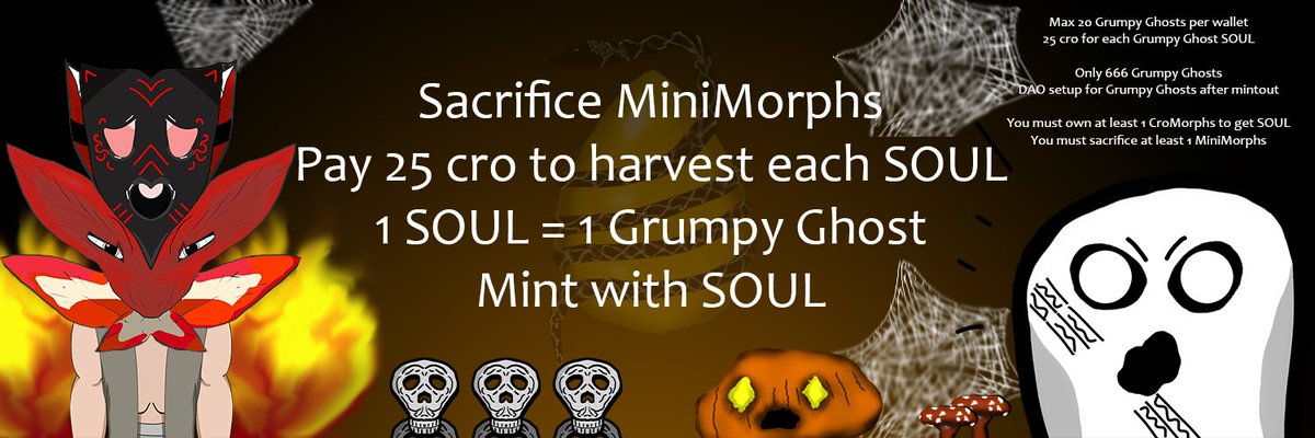CroMorphs's tweet photo. 861 minted CroMorphs and 19/20 entries left to win a @WorldOfCatsNFT βΌβ³
141 Mini-Morphs have been rounded up, can we get to 666 before Halloween?ππ»
Up to 666 #MiniMorphs to be sacrificed on Halloween.π₯
Use the MiniMorphs's SOUL to mint your @GrumpyGhostsNFT ππ»
#crofam https://t.co/UiajpqeT6v