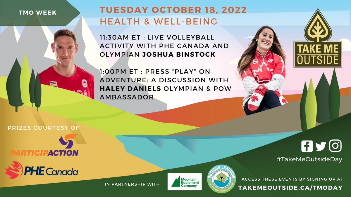 #TakeMeOutsideDay: Health and Wellbeing. 

Oct. 18th Live Events:
1) 11:30am ET Live Physical Activity with PHE Canada and Olympic Athlete Joshua Binstock 
2) 1pm ET: Health and the Outdoors Discussion with Olympic Medalist Haley Daniels.