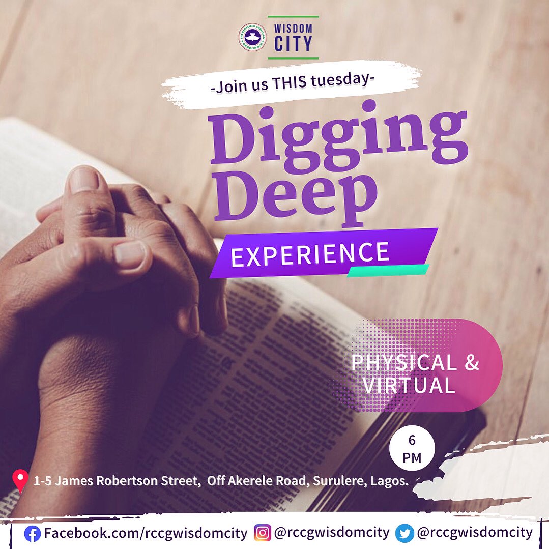 rccgwisdomcity's tweet photo. Let’s meet face-to-faith this evening in God’s presence, by 6 pm ⏰ for another refreshing Digging Deep Service 🤗. 

To Join Us Virtually: https://t.co/2iLxVwNBr3 OR https://t.co/gryYOjRrJD

We’re saving a special seat just for you🤭. 

#DiggingDeepService 
 #rccg 
#JesusIsLord https://t.co/qhgv1IHeLj