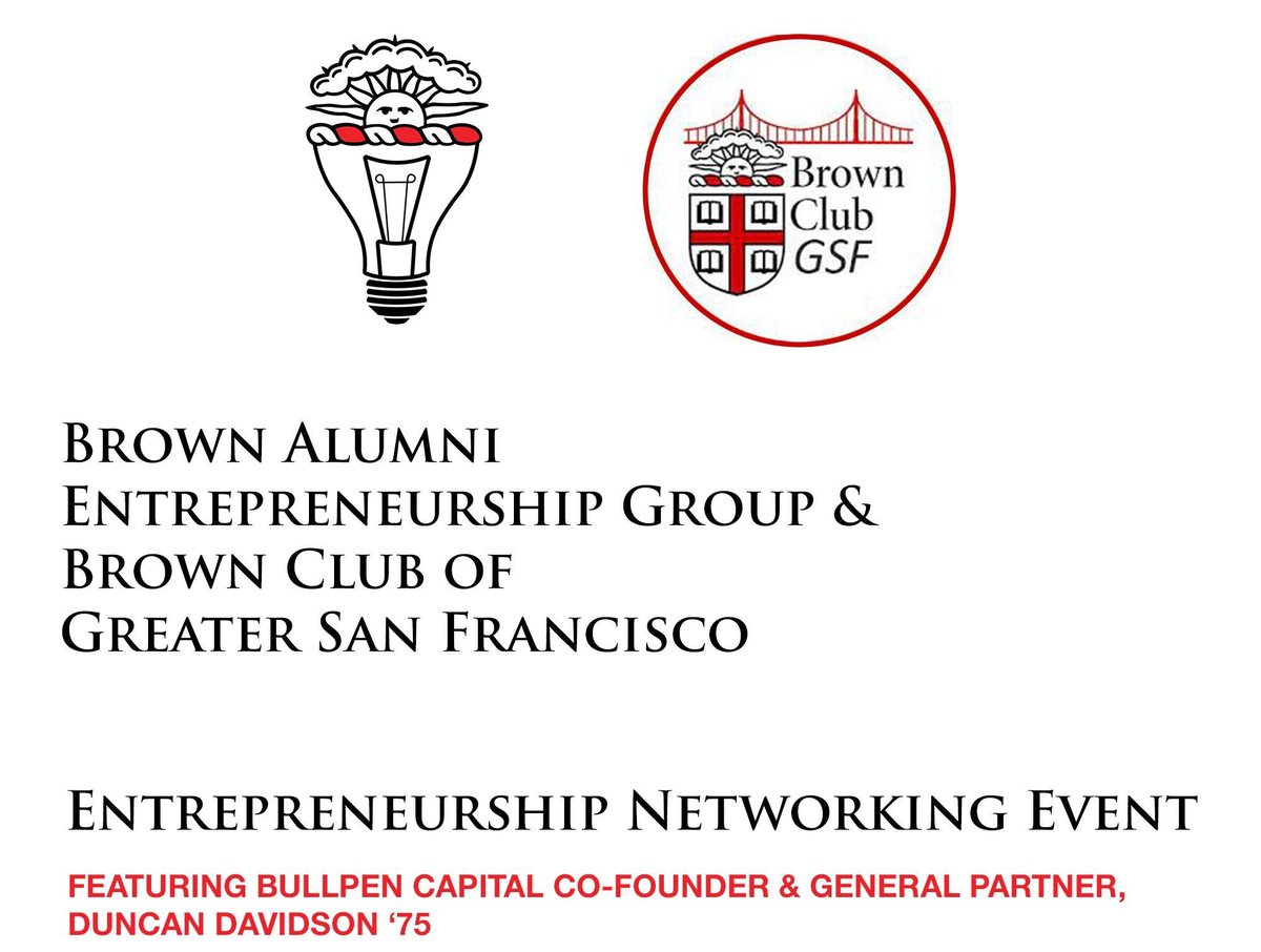 Join us for our inaugural event with the Brown Club of Greater San Francisco, featuring <a href="/duncandavi/">Duncan Davidson</a> '75, <a href="/bullpencap/">Bullpen Capital</a> Co-Founder &amp; General Partner this Thursday, June 20th, 5:30-7:30pm at LinkedIn HQ! Hors d'oeuvres provided. Register at: lnkd.in/ecFjSU4p