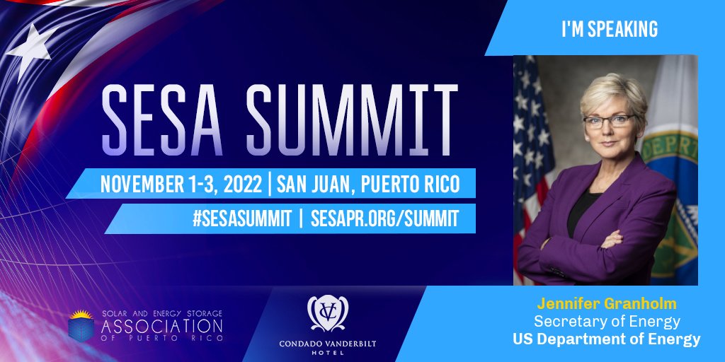 SESA_PR's tweet photo. Excited to have @SecGranholm, US Secretary of @ENERGY as keynote speaker at SESA Summit, Nov. 1-3, 2022 in San Juan, PR. Join us for great speakers and agenda, exhibition, networking, receptions & more.
Sign up here: https://t.co/tY181EPGIe
#SESASummit #SesaPR https://t.co/4azfvgK5tL