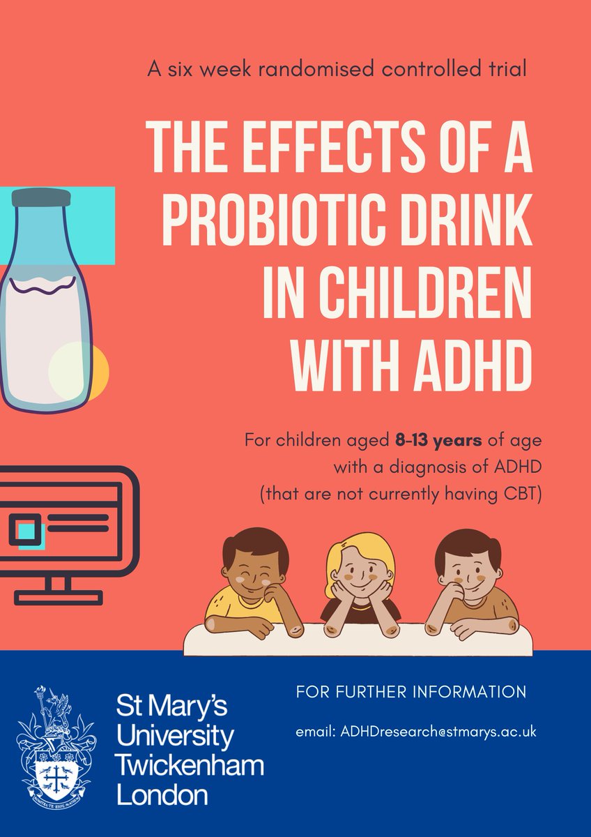 Opportunity for children with ADHD to take part in research trial - now open to children on medication
▶️Can a probiotic drink influence behaviour &amp; sleep?
▶️Medicated and unmedicated children eligible
▶️Free drinks for 6 weeks
▶️£20 thank you
📩ADHDresearch@stmarys.ac.uk
