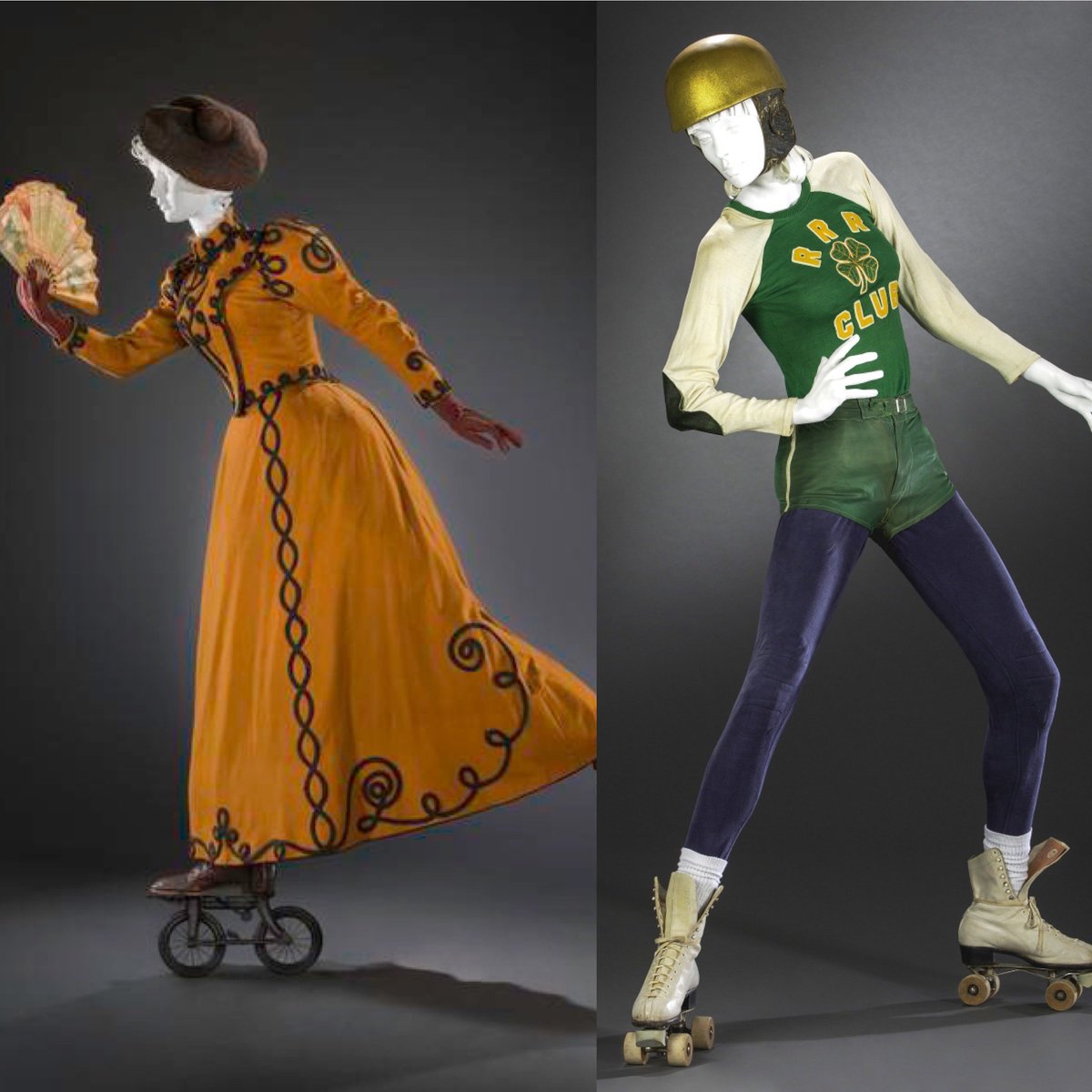 Two whirling dirvishes on #rollerskates fifty years apart that help to tell the story of women’s sportswear. The #1890s ensemble in tan wool and the #1940s mix and match separates beautifully curated @FIDMMuseum for the Sporting Fashion exhibition #fashionexhibition