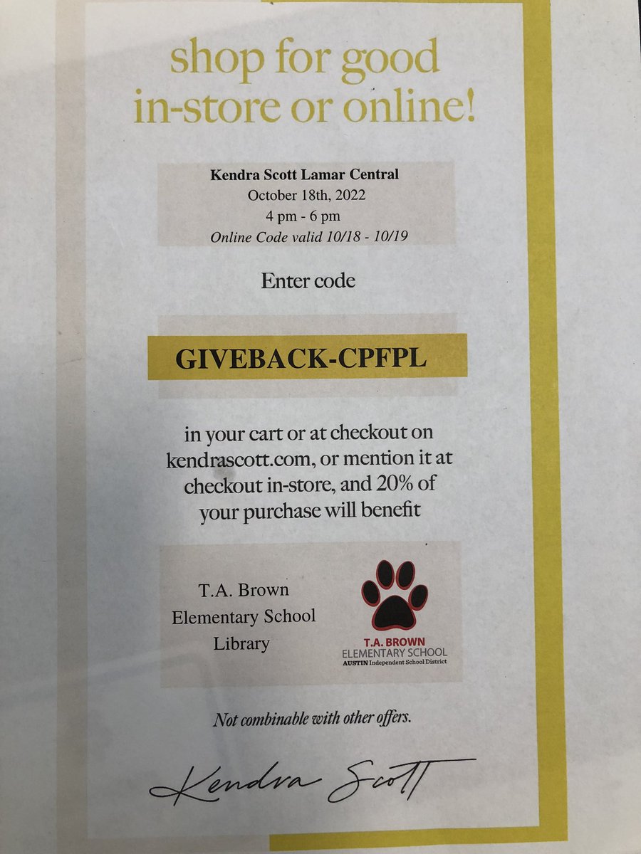 Join us today in person at <a href="/KendraScott/">kendrascott</a> Lamar Central( 3800 N Lamar Blvd) 4-6pm for our fundraiser. Mention you’re supporting us and 20% of sales benefit our library. You can also shop online today and tomorrow. Use code GIVEBACK- CPFPL. Online sales count too. <a href="/AustinISDLibs/">Austin ISD Libraries</a>