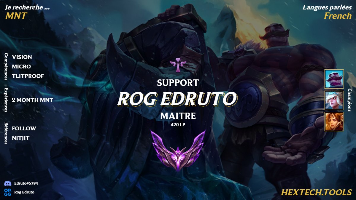 Bonjour,
Support LFT Master 420lp peak, ocean champion pool.
Cherche pour faire le MNT, acquérir de l'expérience et gagner le plus possible. <a href="/LoL_LFT_Fr/">LoL LFT Fr</a> 
N'hésitez pas à dm !