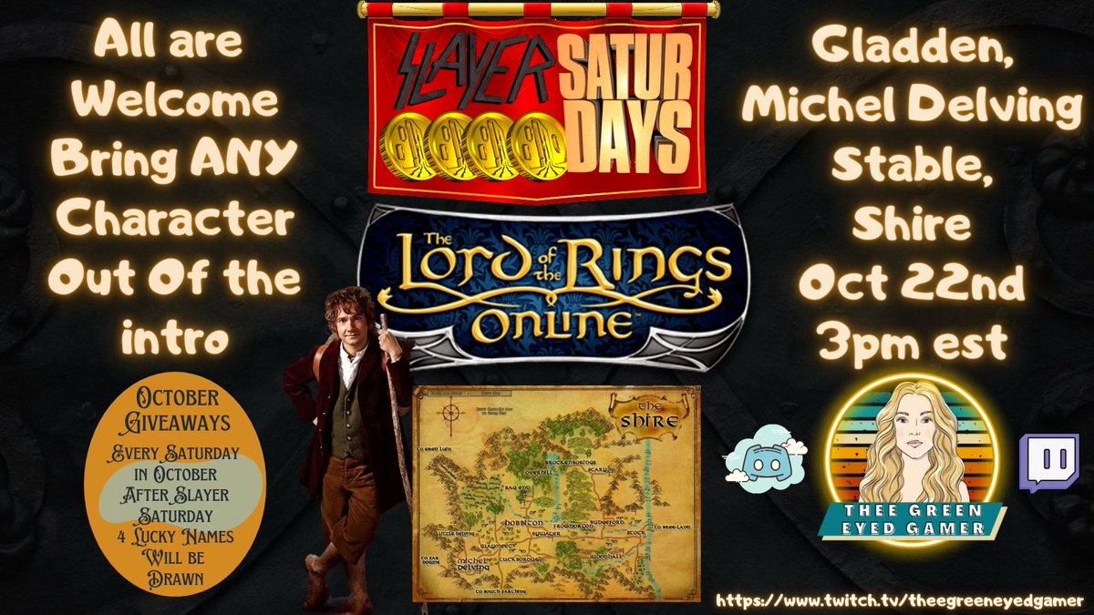 Jessica13691067's tweet photo. 💥 Slayer Saturday 
💫 Shire Slayers &amp; Discoveries
🐻 Bring ANY char, level, race, or class 
🗓️ October 22nd
🕒 3PM EST
🌎 Gladden
🗺️ Meet @ Michel Delving Stable, Shire
👩‍💻 Live @ https://t.co/2zYg001How
#lotro #lotrofamily #slayersaturdays #mmorpg #twitch  #F2P #lotr #events https://t.co/ZXmxuYkc98