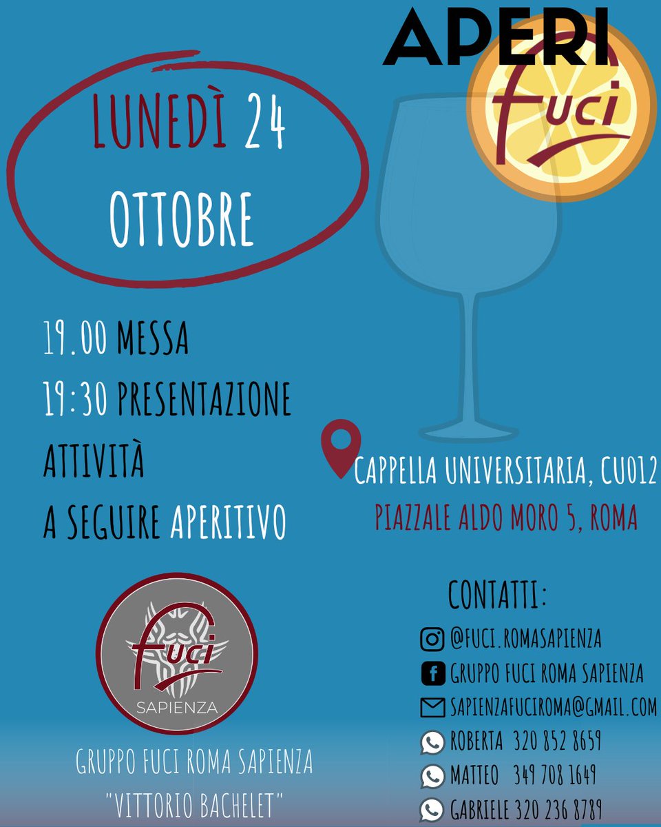 🍹Venite a conoscerci lunedì 24 ottobre all' #AperiFUCI, un innovativo momento comunitario che prevede prima un momento di preghiera e poi un aperitivo a base di Spritz, che si svolgerà all'interno della Cappella Universitaria della Sapienza.
