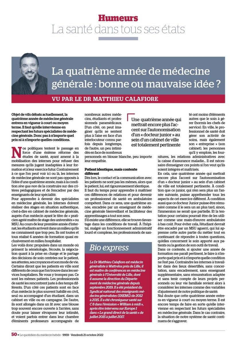 Matt_Calafiore's tweet photo. Une quatrième année, oui, mais pas à n'importe quelle condition !
Billet d'humeur à paraître vendredi dans @leQdM "La quatrième année de médecine générale : bonne ou mauvaise idée ?" #MG #IMG https://t.co/zdwaKiSFid