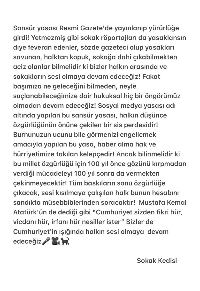 Resmi Gazete'de yayınlanıp yürürlüğe giren sansür yasası ve ayrıca yasaklanmak istenen sokak röportajları ile ilgili kamuoyuna duyurulur!
#SansürYasasınaHayır