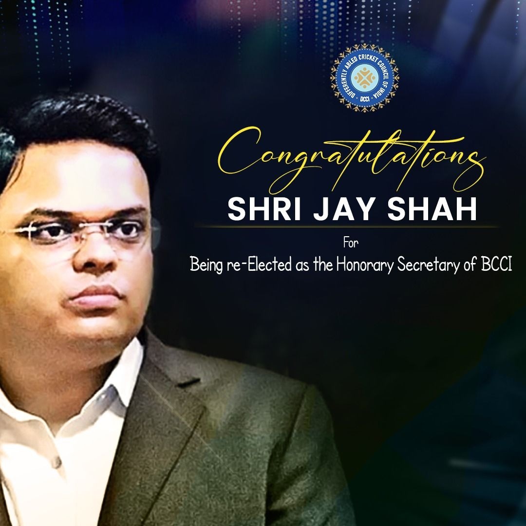 dcciofficial's tweet photo. Congratulations Shri Jay Shah Ji for being re-elected as the Secretary of @BCCI 
@JayShah @abhai79 @imRaviKChauhan @indian_deaf @blind_cricket @wcia_official @bhogleharsha https://t.co/2hfeqUqJvQ