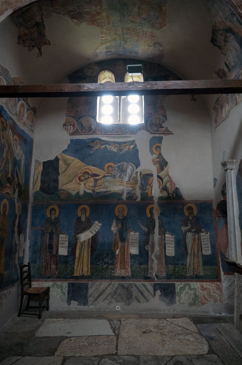 Outside Skopje, amidst picturesque hillscapes, the small church of Saint Panteleimon presents wall paintings, quite unique in coloring, composition, and expression, that are outstanding examples of Byzantine medieval monumental art in the late 12th century. 8/12