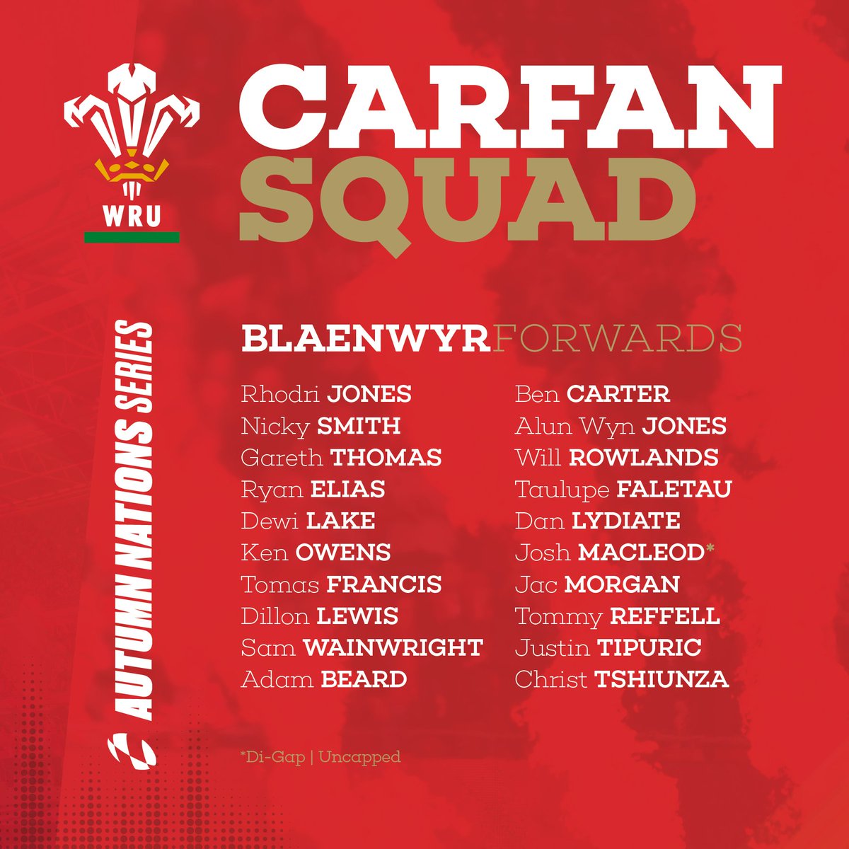 WelshRugbyUnion's tweet photo. 🏴󠁧󠁢󠁷󠁬󠁳󠁿 𝘾𝘼𝙍𝙁𝘼𝙉 𝘾𝙔𝙈𝙍𝙐 🏴󠁧󠁢󠁷󠁬󠁳󠁿

🔥 Your Welsh squad for the Autumn Nations Series 👇

#WelshRugby | #ANS