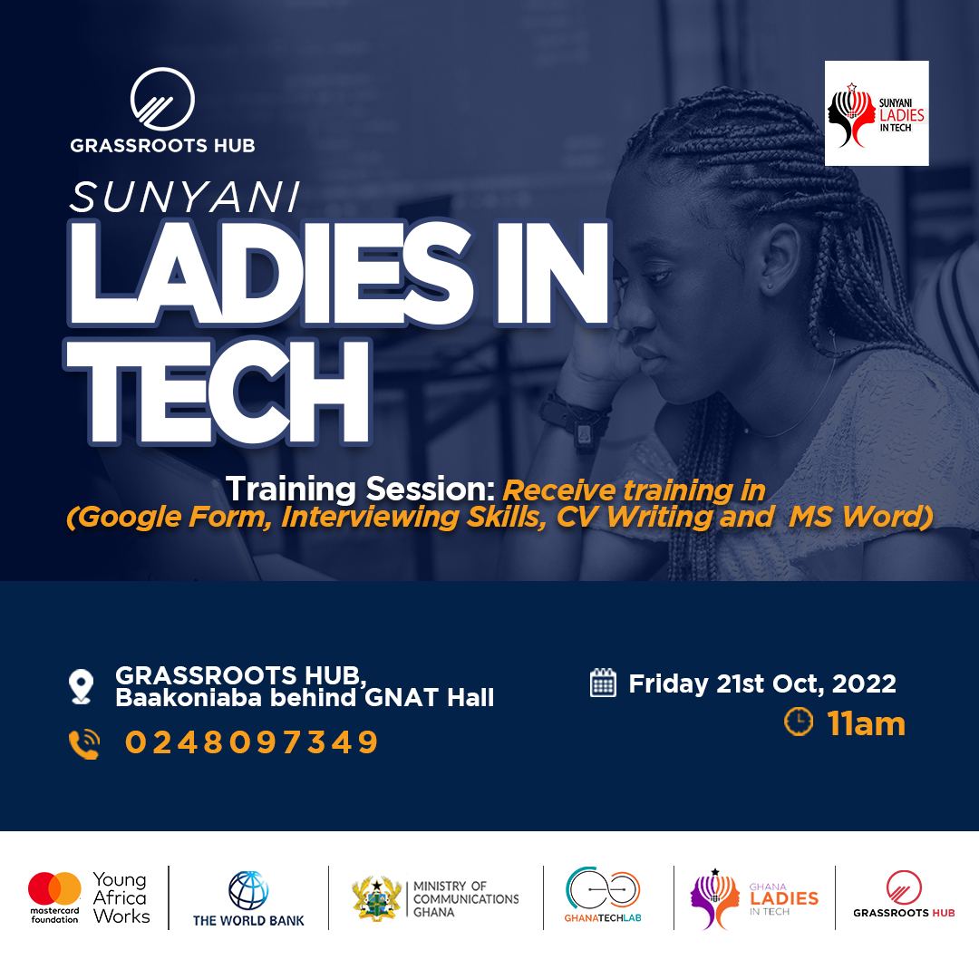 Are you a lady seeking to boost your digital skills?

GrassRoots Hub, under its Sunyani Ladies in Tech Community, invites you to be part of the upcoming training that seeks to equip women with #digitalskills and professional skills like; #MsWord, #GoogleForm, CV writing.

see👇