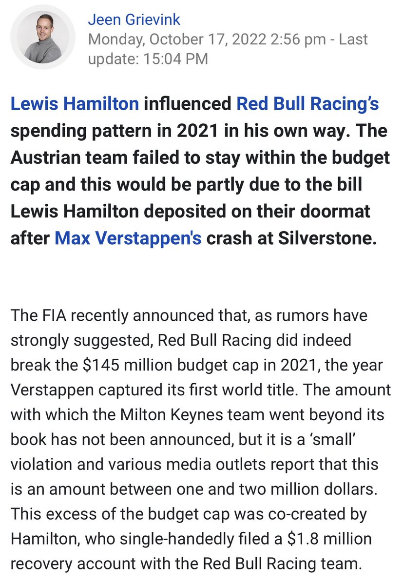 A Dutch journo implying Lewis influenced Red Bull breach is a new low, speculating it’s due to silverstone🤦🏾‍♀️all teams factor crashes into their budgets. 3 teams had higher crash bill & STILL met the cap😒they’ll do anything BUT hold rbr accountable 📝 gpfans.com/nl/f1-nieuws/9…