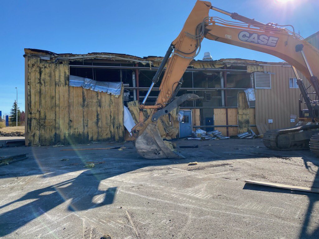 DarrellBelyk's tweet photo. The demolition on the Main Street Fire Hall started Monday to make way for the new library / multi-use complex. https://t.co/pNeedkBqng