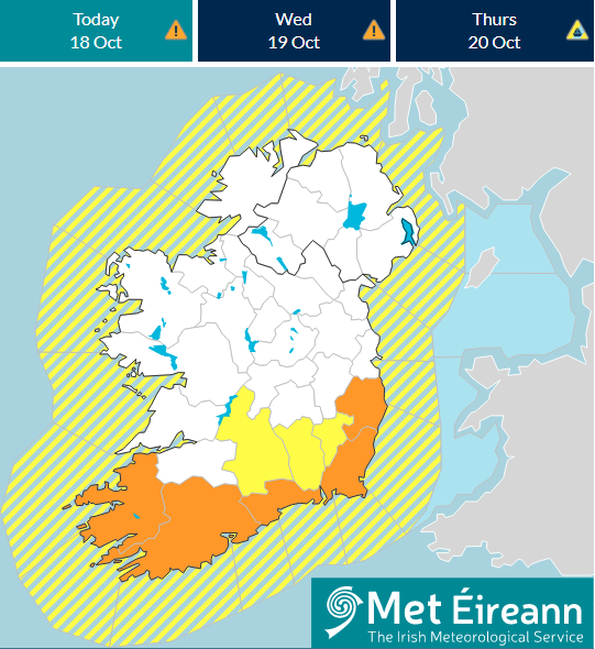 MetEireann's tweet photo. ⚠️Status Orange Weather Warning issued⚠️

Affected Regions: Cork, Kerry, Waterford, Wexford, and Wicklow 

Heavy rain on Tuesday night, Wednesday and Wednesday night 

Expected Onset: Tuesday 18/10 at 10pm

Please see⬇️
https://t.co/ZsjQsKDvt6
https://t.co/y935BNm4NJ https://t.co/SDWRbbAlQj