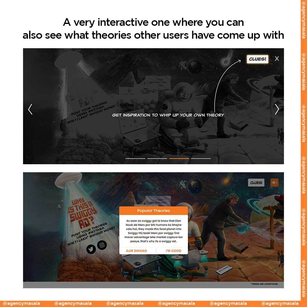 AgencyMasala's tweet photo. Swiggy went all creative in their new campaign #WITASA, asking users to think of their own theory as to why is this a swiggy ad

Moreover, the brand went a step ahead and created a website for the campaign wherein you get to zoom in and look out at every minute details in the ad https://t.co/P9vZyNowFW