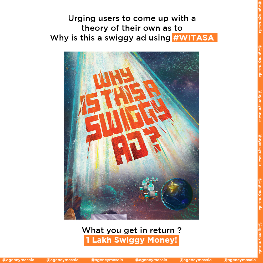 AgencyMasala's tweet photo. Swiggy went all creative in their new campaign #WITASA, asking users to think of their own theory as to why is this a swiggy ad

Moreover, the brand went a step ahead and created a website for the campaign wherein you get to zoom in and look out at every minute details in the ad https://t.co/P9vZyNowFW