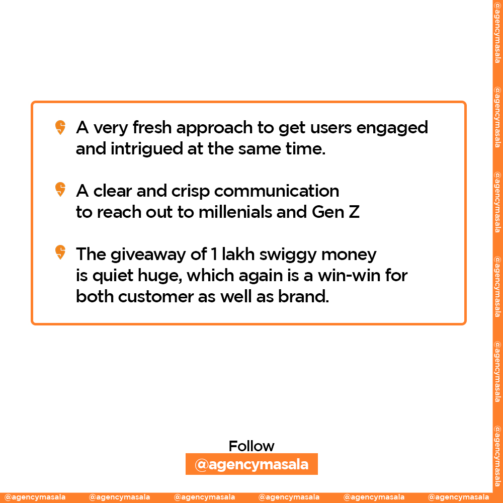 AgencyMasala's tweet photo. A very brilliant ad to get users intrigued and engaged!

Follow @agencymasala for more.
.
.
.
#AgencyMasala #swiggy #ad #brand #swiggyad #brandad #branding #intriguing #interesting #creative #fooddelivery #users #millenials #genZ #engagement #theories #fantheory #outofthebox https://t.co/0fvcuDdSnj