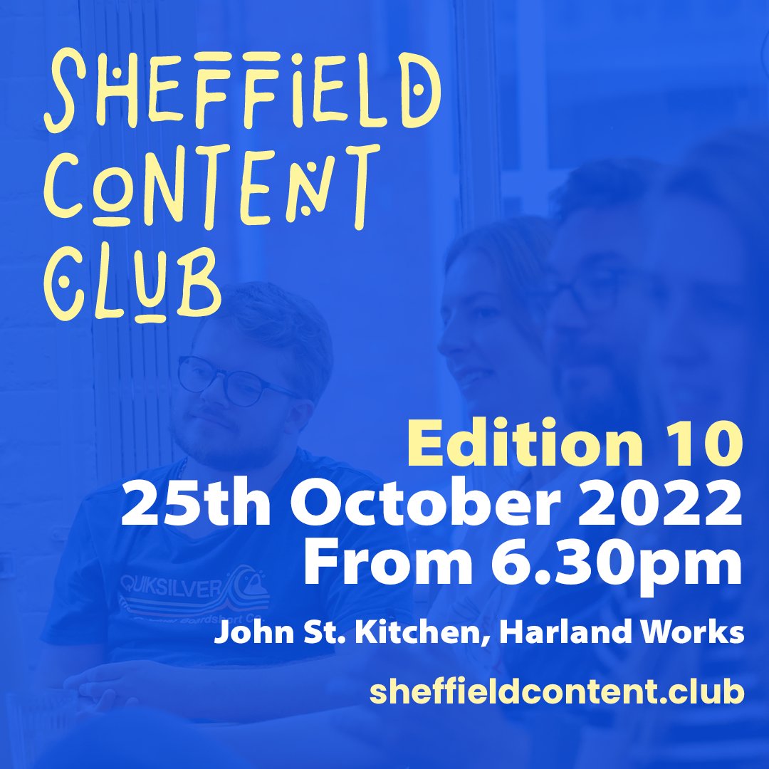 Here's your reminder that our next Content Club at @HarlandWorks is ONE WEEK away! Get your tickets here: eventbrite.co.uk/e/sheffield-co… (P.S, they're FREE!)