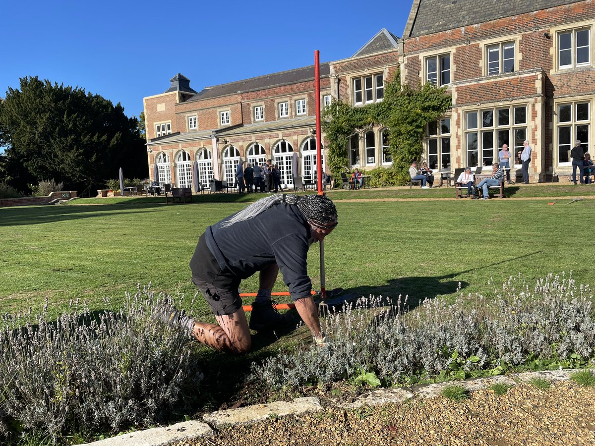 CCTJohn's tweet photo. Martin’s pose as he was weeding the lavender beds at #HighLeigh today put me in mind of Moses and his staff or Gideon and his men drinking water (Judges 7). Lovely day BTW. And new flower beds resplendent too. https://t.co/XRz8X9uYXn