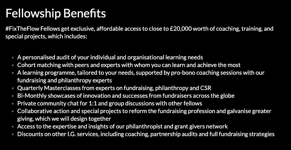 I.G. designed our #FixTheFlow Fellowship to not just be educational, but transformational. Fellows will have the chance to: learn from experts and peers, get insider knowledge; develop skills and be inspired; and work to transform the funding system: buff.ly/3CEGNgL