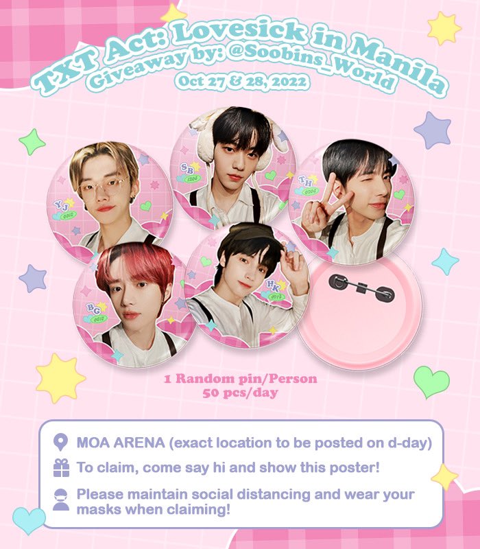 soobins_world's tweet photo. TXT Act: Lovesick in Manila GA 🎀🍭
by: @Soobins_World

Hi! I’ll be giving away these button pins on October 27 &amp; 28! Limited quantity only for each day 🙏🏻

More details on the photo. See you! 🥰 https://t.co/uWgzEtSSHX