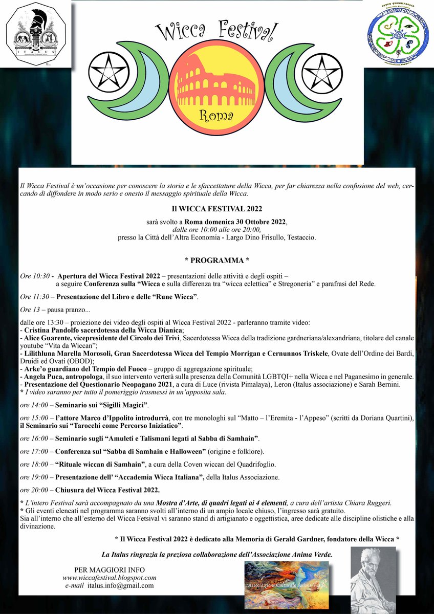 ITALUS_forum's tweet photo. WICCA FESTIVAL 2022
ROMA - 30 Ottobre 2022, dalle ore 10:00, presso la città dell’Altra Economia - Largo Dino Frisullo.
Info: https://t.co/MHZy53RSBZ
.
#WiccaFestival #WiccaFestival2022 #ItalusAssociazione #wiccaitalia #wicca #wiccalife #seminario #conferenza #wich #festival https://t.co/WeA45Wqwc4