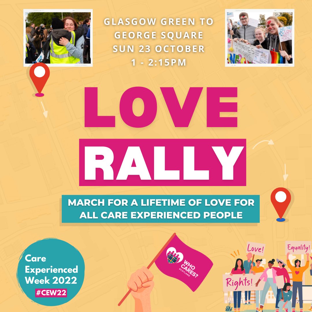 🪧 The @WhoCaresScot Love Rally takes place this weekend! The event, part of #CEW22, is to celebrate Care Experienced people and to campaign for a lifetime of equality, respect and love ❤️ 🔗 Find out more at bit.ly/WCSLoveRally