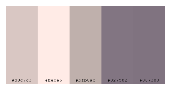 ColPaletteBot's tweet photo. Beep beep, here's a pretty color palette for you! 

color-scheme.js parameters used: 
- hue: 165
- variation: pale
- colors: #d9c7c3, #ffebe6, #bfb0ac, #827582, #807380

Have a lovely day!

#twitterbot #colorpalette #colors #palette #prettycolors https://t.co/q3GtMb8DME