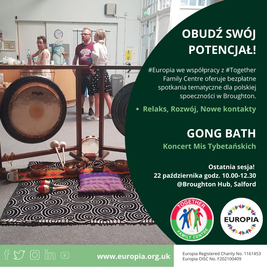 🤩#OBUDŹ SWÓJ #POTENCJAŁ
 
Zapraszamy na koncert mis tybetańskich i kryształowych #GongBath
Ostatnia sesja już w najbliższą sobotę 22 października godz. 10-12.30!
 
Zapraszamy osoby z Broughton i okolic! 
 
Więcej informacji:  bit.ly/3UUtmk1