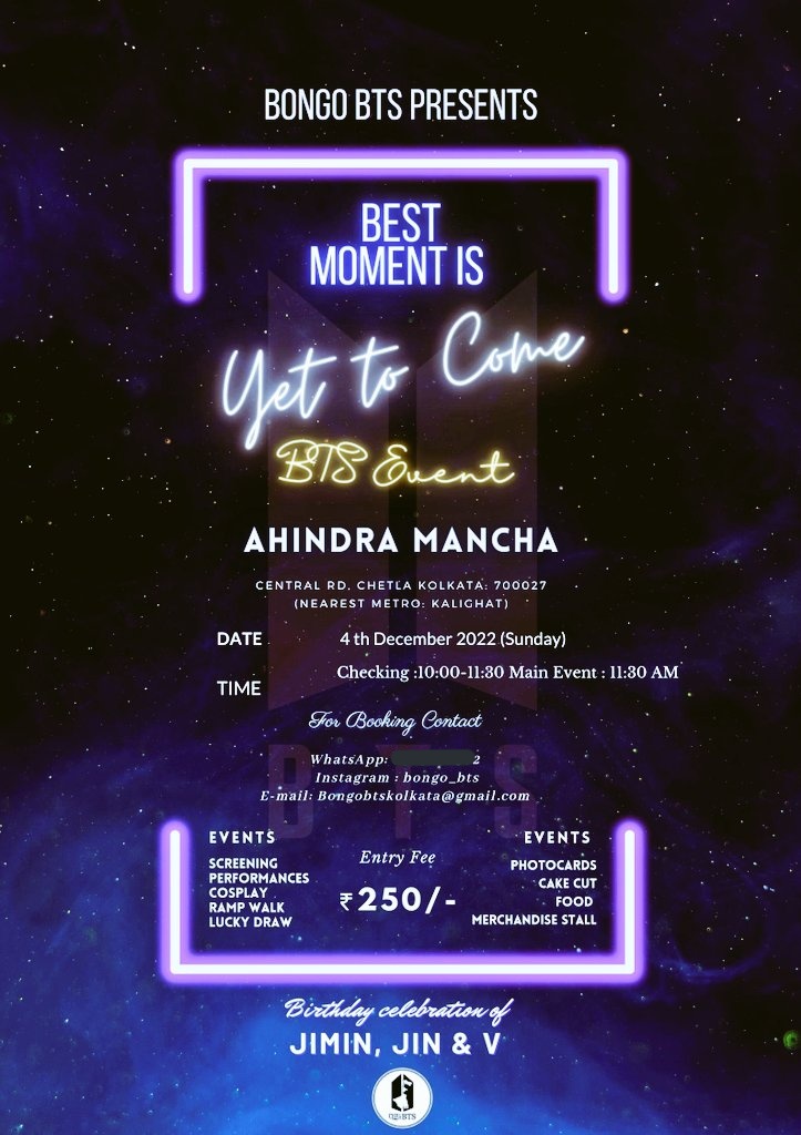 BongoBts's tweet photo. For Seat Booking Dm us
*"YET TO COME"*
The BTS ARMY Event
Date:- 04/12/2022 Sunday
Time:- :10:00AM-4:00AM
Place :- AHINDRA MANCHA
🟣PERFORMANCES
🟣FOOD
🟣PHOTO CARDS
🟣STALLS
#BTS #btskolkata #kolkataarmy #btsindia #btswestbengal #btsevent #bangtanboys #btsarmyforever https://t.co/7D3yj9Zqjd