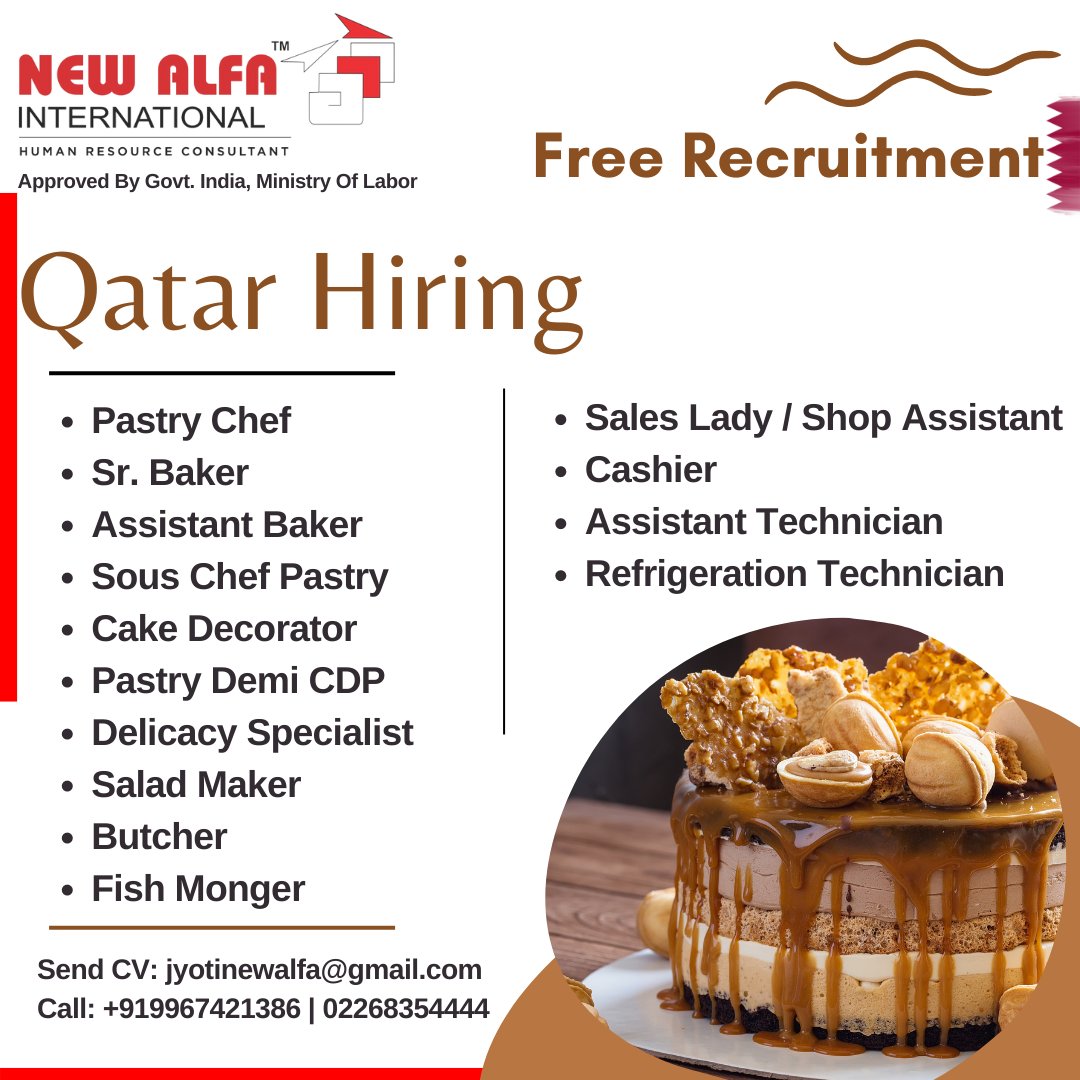 NewAlfaHR's tweet photo. FREE RECRUITMENT! QATAR
Apply Now: https://t.co/RCfu77PkpH
Looking for a new opportunity in Qatar?
Client Interview Soon In Mumbai.
#newalfainternational #cakeart #cakestagram #pastrylife #foodie #foodstagram #foodblogger #eat #confectionery #chefmode #chefjobs #chefstalk https://t.co/Rsut66Dv43
