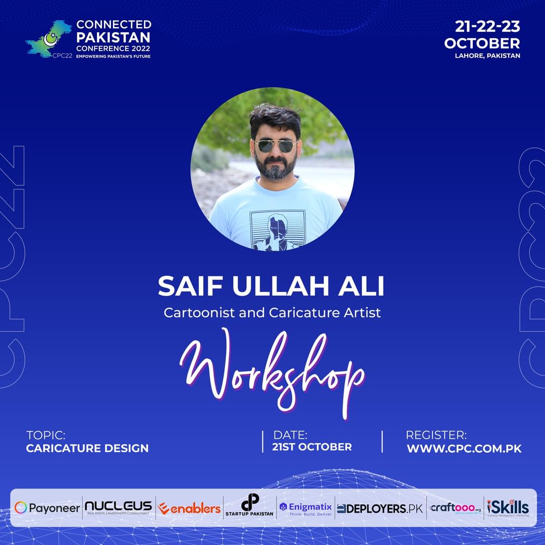 shazibro2's tweet photo. If you want to excel your career in cartoon making then this workshop will be best suitable for you.. Presenting you Saif Ali, the caricature artist and also a Top Rated Freelancer and Agency owner, who will deliver a dedicated workshop.. 
#CPC22 https://t.co/j0v7GlH66n