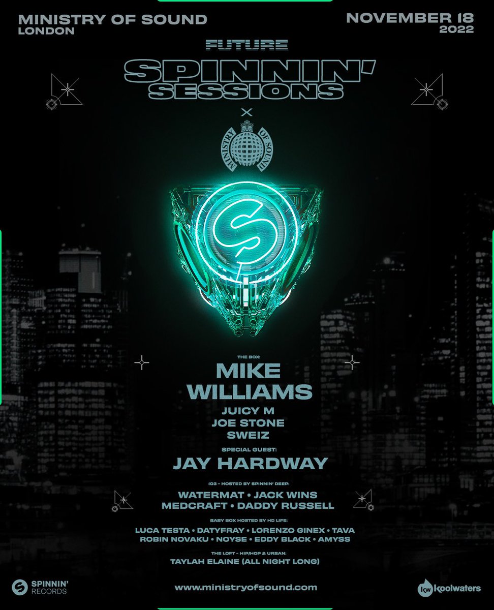 @SpinninSessions is taking over London with @thefutureldn and we're excited to announce the full line-up on Friday 18th of November at @Ministry_Club with @mikewilliamsdj @djjuicym @joestonemusic and Sweiz 🔥 @spinnindeep will be hosting the 103 all night long 👀 🎫-#LinkInBio