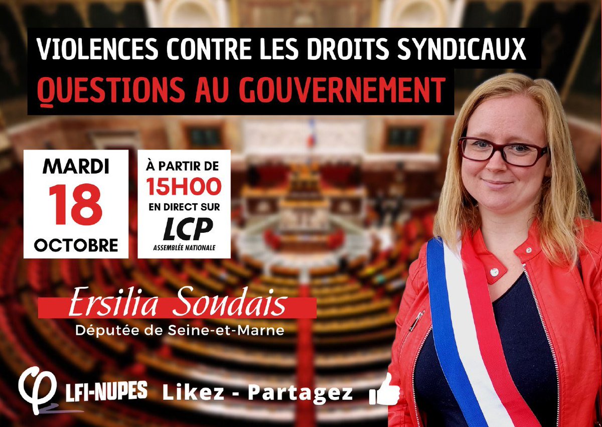 ErsiliaSoudais's tweet photo. En cette journée de mobilisation, je défendrai dans l'hémicycle le droit de grève et la liberté syndicale.

#DirectAN #NUPES #LFI #Circo7707 #SeineEtMarne https://t.co/SMsFucU7QA