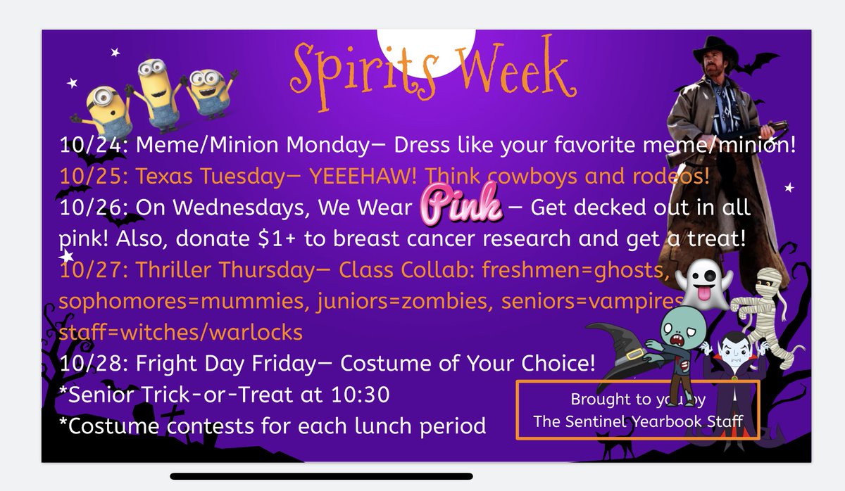 ryzenski's tweet photo. It’s the most wonderful time of the year! 🐈‍⬛💀👻🎃 Check out Spirits Week 2022 daily themes! @SheridanGeneral https://t.co/k1Abypil6G