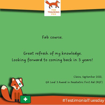 trainingfoxEyHS's tweet image. It’s that time of the week when we share a review tecieved on our evaluation forms in #TestimonialTuesday! 

This week it’s the view of Claire, a local childminder who attended the Paediatric First Aid course! 

#SatisfiedLearner 
#LearnHowToSaveALife